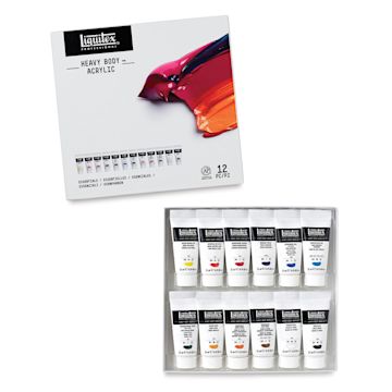 Open in modal - Liquitex Professional Heavy Body Acrylics - Essentials Set of 12 package open to show tubes