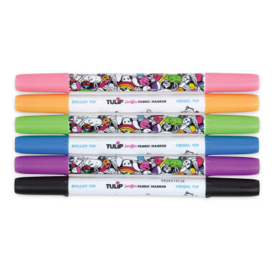 Tulip Graffiti Dual Tip Fabric Markers - Components of set of 6 Neon Markers shown horizontally