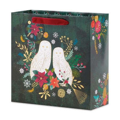 The Gift Wrap Company Gift Bag - Snow Owls (front of bag, angled view)