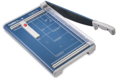 Dahle Professional Series Guillotine Trimmer - Angled view of 12" cut trimmer with handle raised
