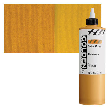 Golden High Flow Acrylics - Yellow Ochre, 16 oz bottle with swatch 