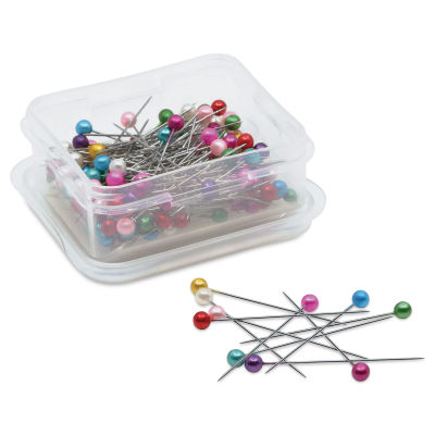 Dritz Long Pearlized Pins - Pkg of 120, opened storage box and pins laid out