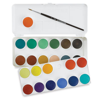 Grumbacher Watercolor Pans - Transparent Pans, 24 Color Set. Lid open to two trays of pans and brush.