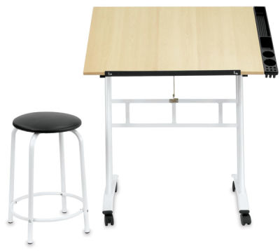 Studio Designs Craft Center - Front view showing Table in drafting position, with matching stool
