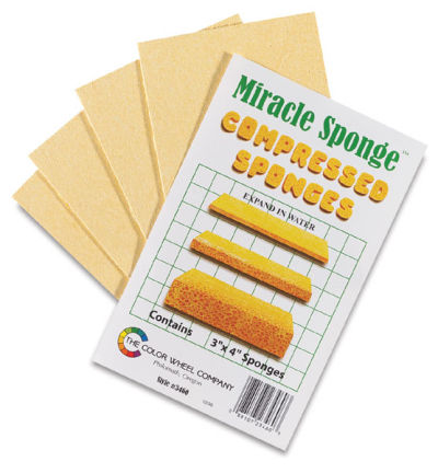 Miracle Sponges - 4 flat sponges shown next to package 
