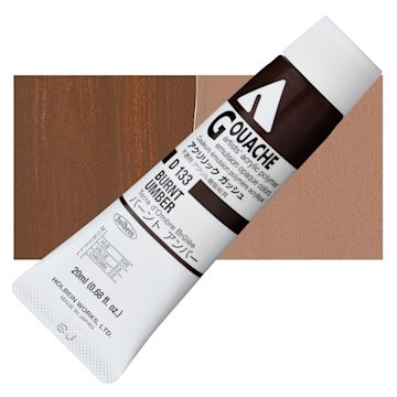 Open in modal - Holbein Acrylic Gouache - Burnt Umber, 20 ml tube and swatch