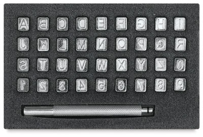 Leather Tooling Sets - Alphabet and Number set shown in storage tray
