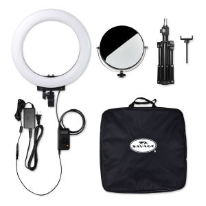 Savage RGB Tabletop Ring Light - 12" (Shown with Mirror, Tabletop Stand, Mobile Phone Holder, Carrying Bag, and Power Cord)