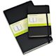 Moleskine Classic Hardcover Notebooks - Top view of 2 sizes of Black Moleskine Notebooks with labels
