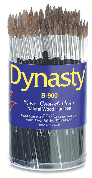 Dynasty Fine Camel Hair Brush Set - 120 Assorted Round brushes shown upright in open container