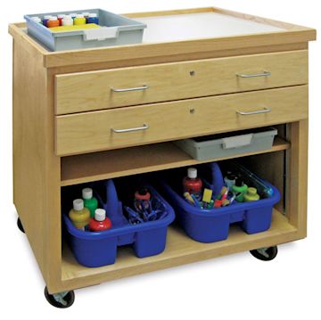 Open in modal - Hann Mobile Art Storage Cart - Angled view accessorized with various art supplies, without doors 