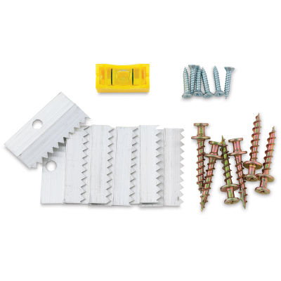 Hangman Self-Leveling Flushmount Hanger Kit - Set of 6 shown with included screws and level