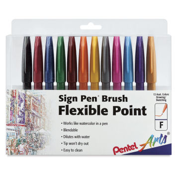 Pentel Arts Brush Tip Sign Pen - Front of package of Set of 12 Assorted Colors