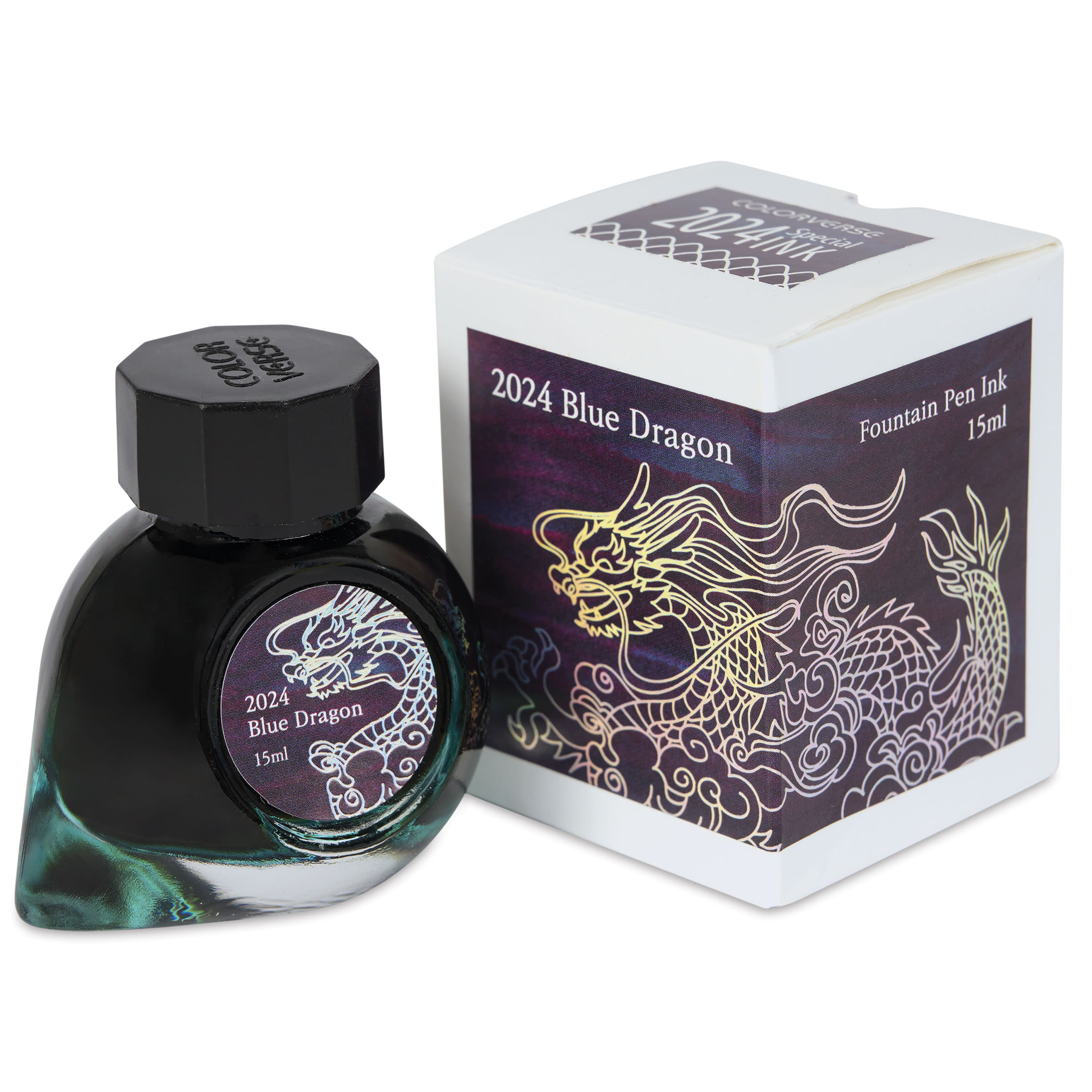 Colorverse Blue Dragon Fountain Pen Ink - Blue Standard, 15 ml, jar next to packaging box