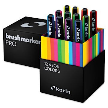 Open in modal - Karin Brushmarkers Pro Markers - Neon, Set of 12, top of box removed showing markers