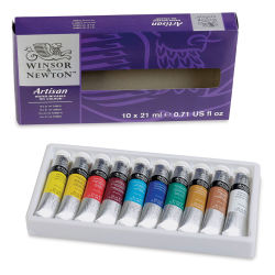 Winsor & Newton Artisan Water Mixable Oil Paint - 10 21 ml Tubes shown in open tray with package