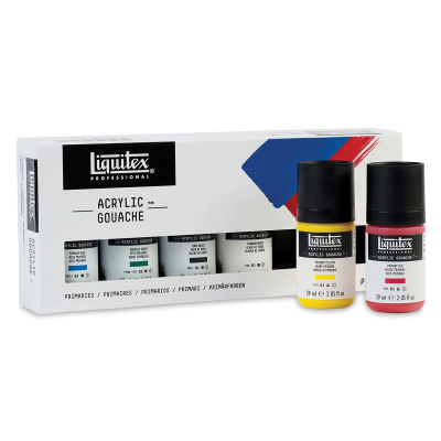 Liquitex Professional Acrylic Gouache - Primaries Set of 6. Box front, red/yellow jars in front.