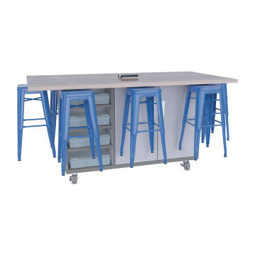 CEF Ed8 Work Table with Stools, 36"H table with royal blue stools and Folkstone Hex finish.