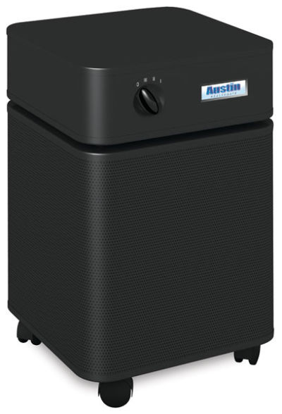 Austin HealthMate Air Cleaner- Angled view of Black Air Cleaner showing dials and wheels