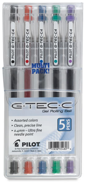 G-Tech-C Rolling Ball Gel Pens - Front of clear plastic package of 5 color pens