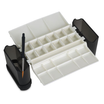 Portable Painter Watercolor Palette - Top view of open palette with Travel Brush and Water wells