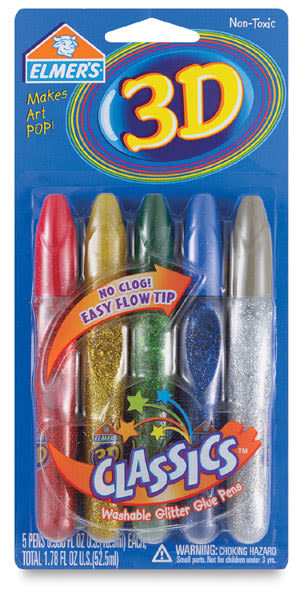 Elmer's 3-D Washable Glitter Glue Pens - Front of blister package of 5 Basic Colors
