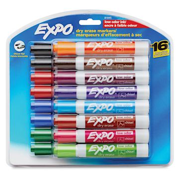 Open in modal - Expo Dry Erase Low Odor Markers - front of package of 16 pc Chisel Tip markers