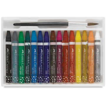 Faber-Castell Watercolor Crayons - Set of 15 crayons shown open in tray with paintbrush