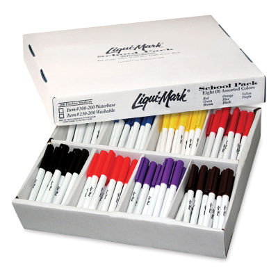 Liqui-Mark School Pack Markers - Package of 200 Fine Point Markers in package with lid adjacent