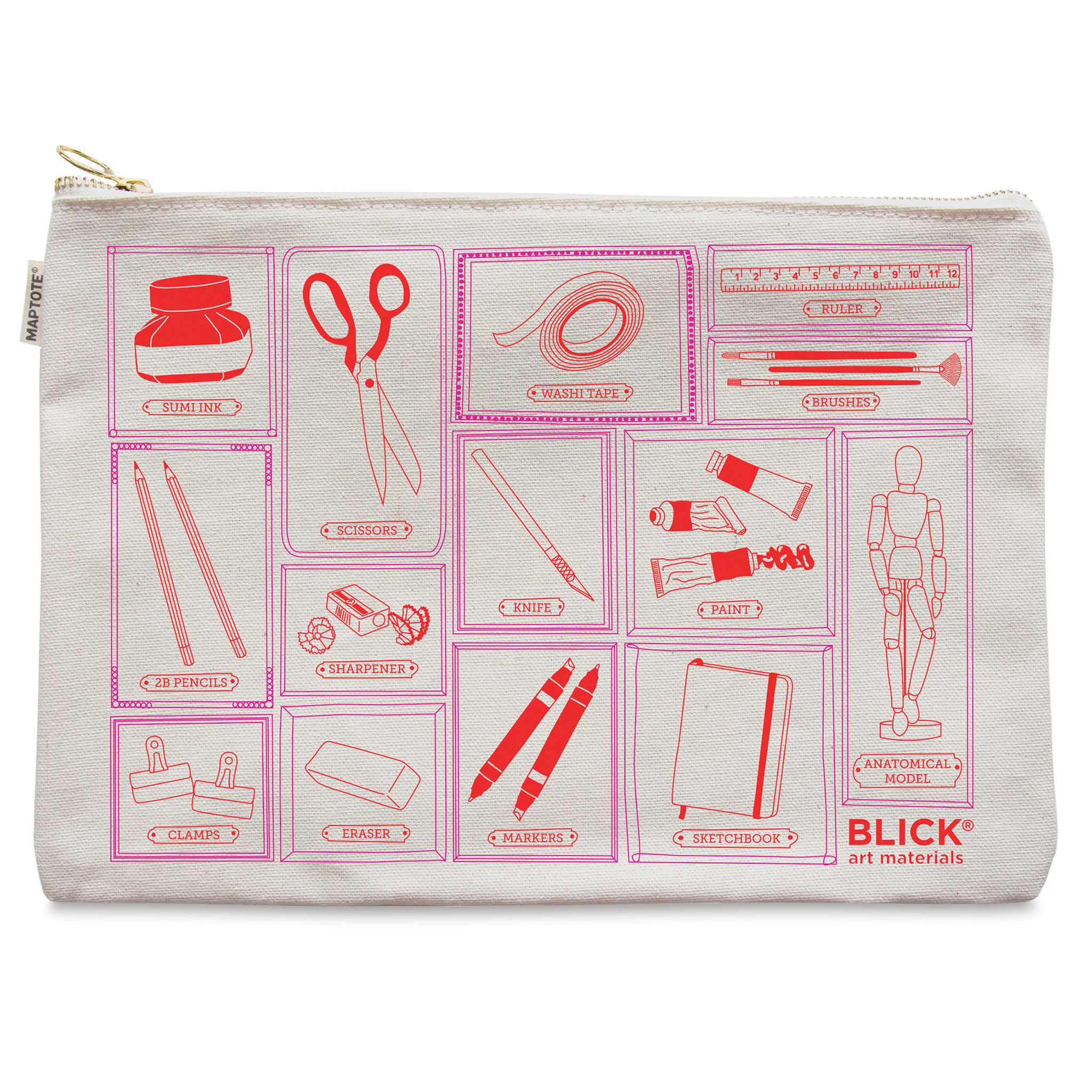 Blick Flat Zip Pouch by Maptote - Red and Pink (front of pouch)