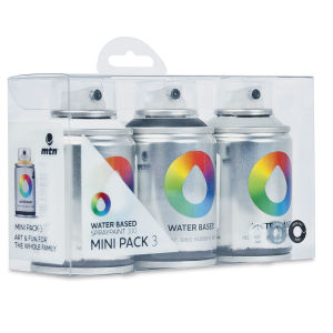 MTN Water Based Spray Paint - Front of Black,White, and Gray Package