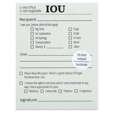 Public School Paper Co. Notepad - White, IOU (front of pad)