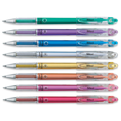 Pentel Slicci Pens - Set of 8 Metallic pens shown horizontally