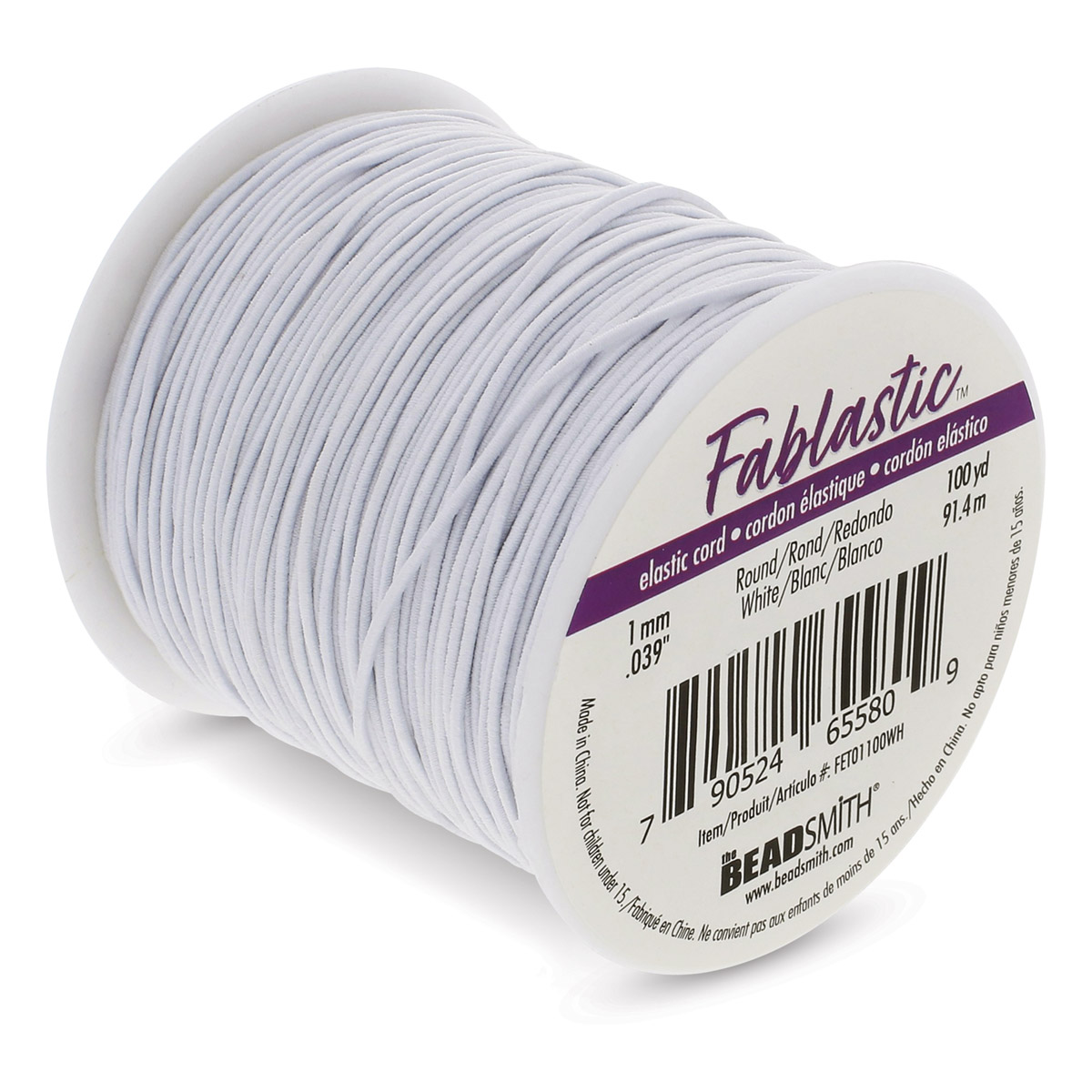 Round Stretch Cord, White, 1 mm x 15 yd