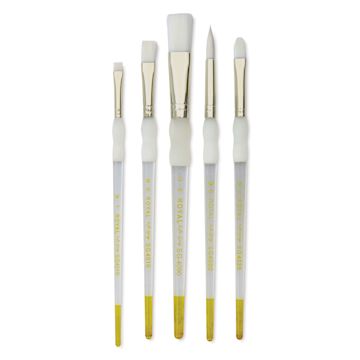 Open in modal - Royal & Langnickel Soft Grip White Taklon Brushes - Set 315, Short Handle, Set of 5, laid out