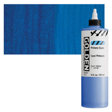 Golden High Flow Acrylics - Primary Cyan, 16 oz bottle with swatch