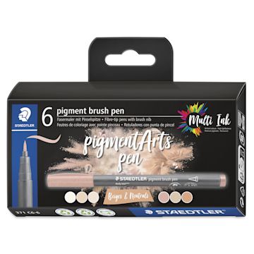 Open in modal - Staedtler Pigment Arts Brush Pens - Beige and Neutrals, Set of 6, front of the packaging