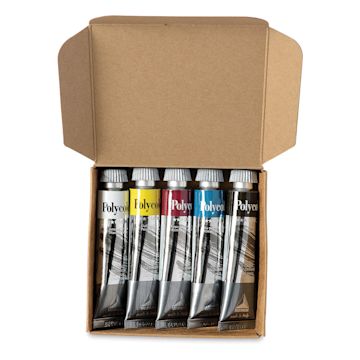 Open in modal - Maimeri Polycolor Vinyl Paint - Set of 5 Primary Colors shown in open package