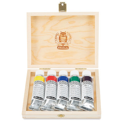 Schmincke Horadam Artist Gouache - Wooden Box, Set of 5, 15 ml (box open showing tubes of paint)
