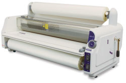 25" Roller Laminator - Angled view showing controls and loaded laminating film roll not included