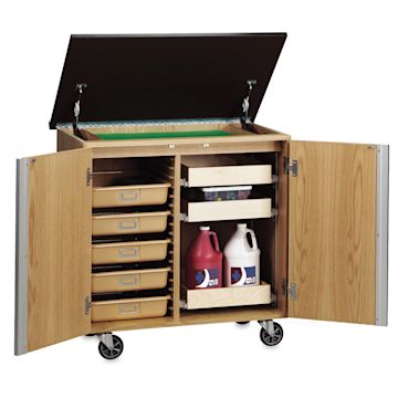 Open in modal - Diversified Spaces Write-n-Roll Cabinet - Oak/Classic (Shown open with totes and sample art supplies)