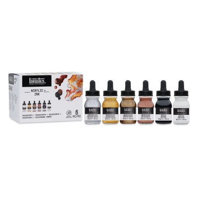 Liquitex Professional Acrylic Ink Set - Set of 6 Metallic Ink Colors shown next to package