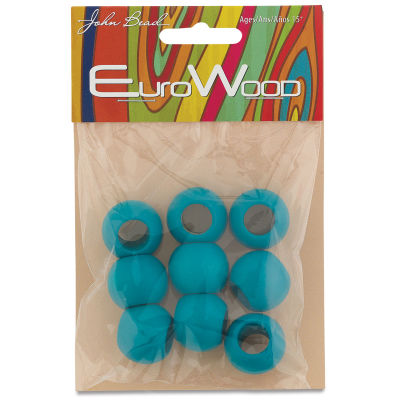 John Bead Euro Wood Beads - Turquoise, Round Large Hole, 20 mm x 16 mm, Pkg of 9