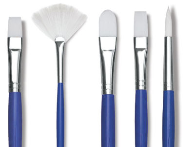Blick Scholastic Wonder White Synthetic Brushes - Row of five brushes in assorted shapes.