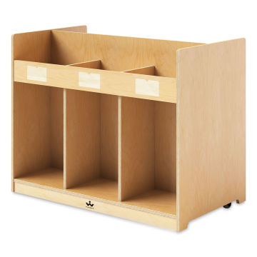 Whitney Brothers Mobile Library Book Cabinet - right angle view, storage areas and wheels shown