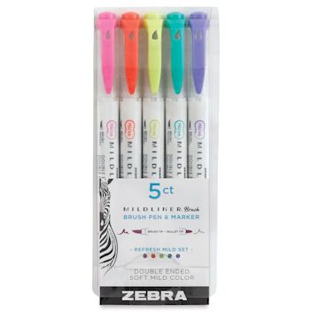 Open in modal - Zebra Mildliner Double Ended Brush Pens - Front of package of Set of 5 Refresh Colors