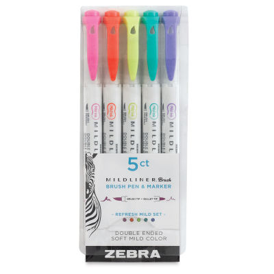 Zebra Mildliner Double Ended Brush Pens - Front of package of Set of 5 Refresh Colors