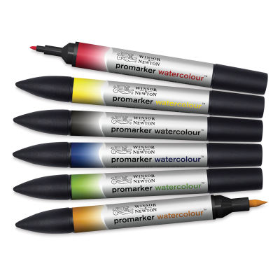 Promarker Watercolor Marker Sets - 6 pc set of Basic colors shown horizontally with two caps removed