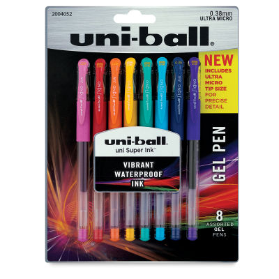 Uni-Ball Gel Pens - Front of blister package showing 8 color pens

