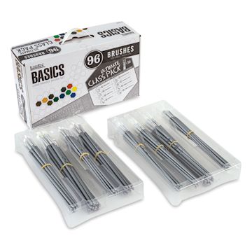 Open in modal - Liquitex Basics Synthetic Brushes - Class Pack of 96. Two trays of brushes with package shown